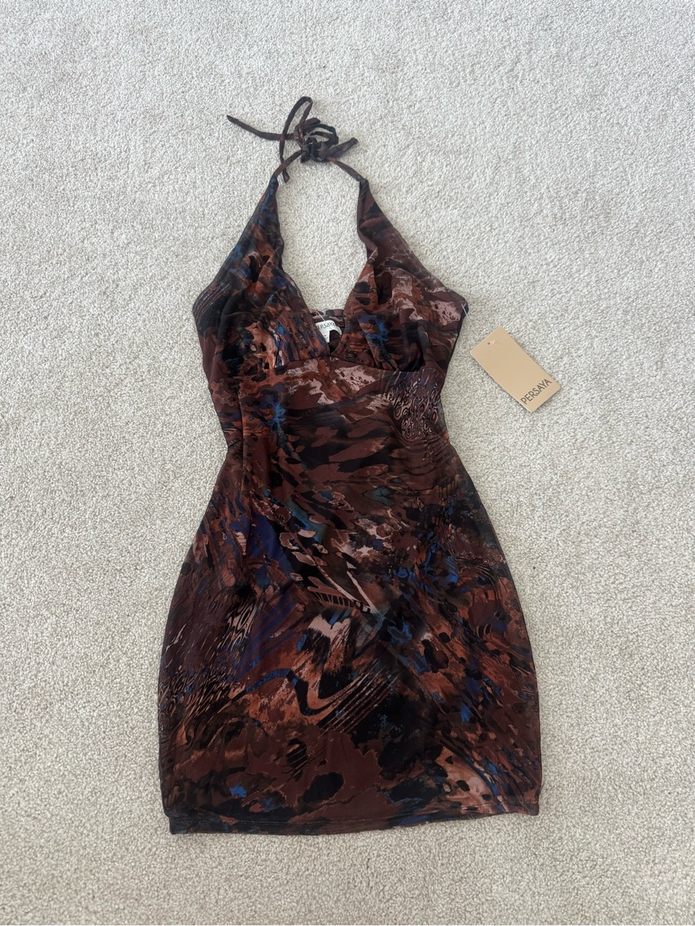Persaya Brown & Blue Halter Bodycon Mini Dress NWT size Medium